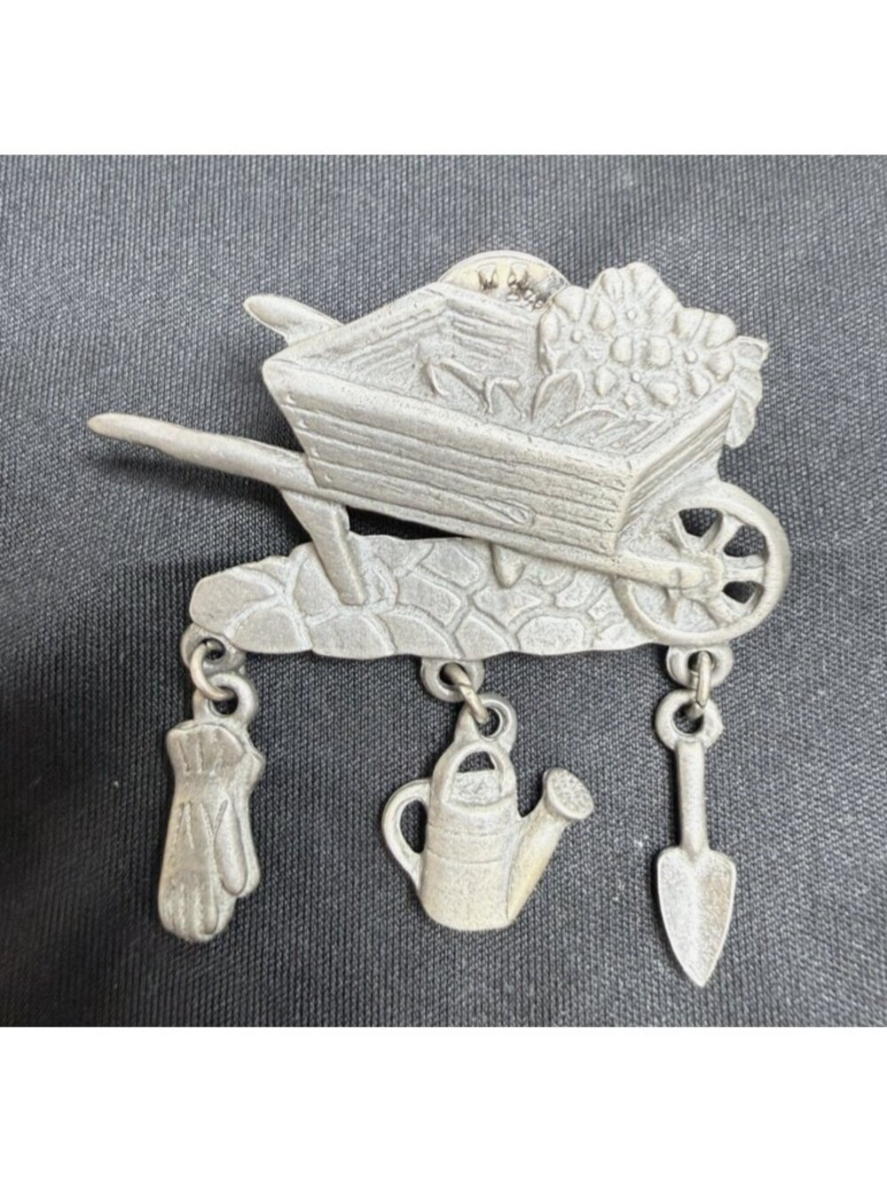 Wheelbarrow Pin signed LCD pin Back Silvertone Pewter Gardening Dangling Tools